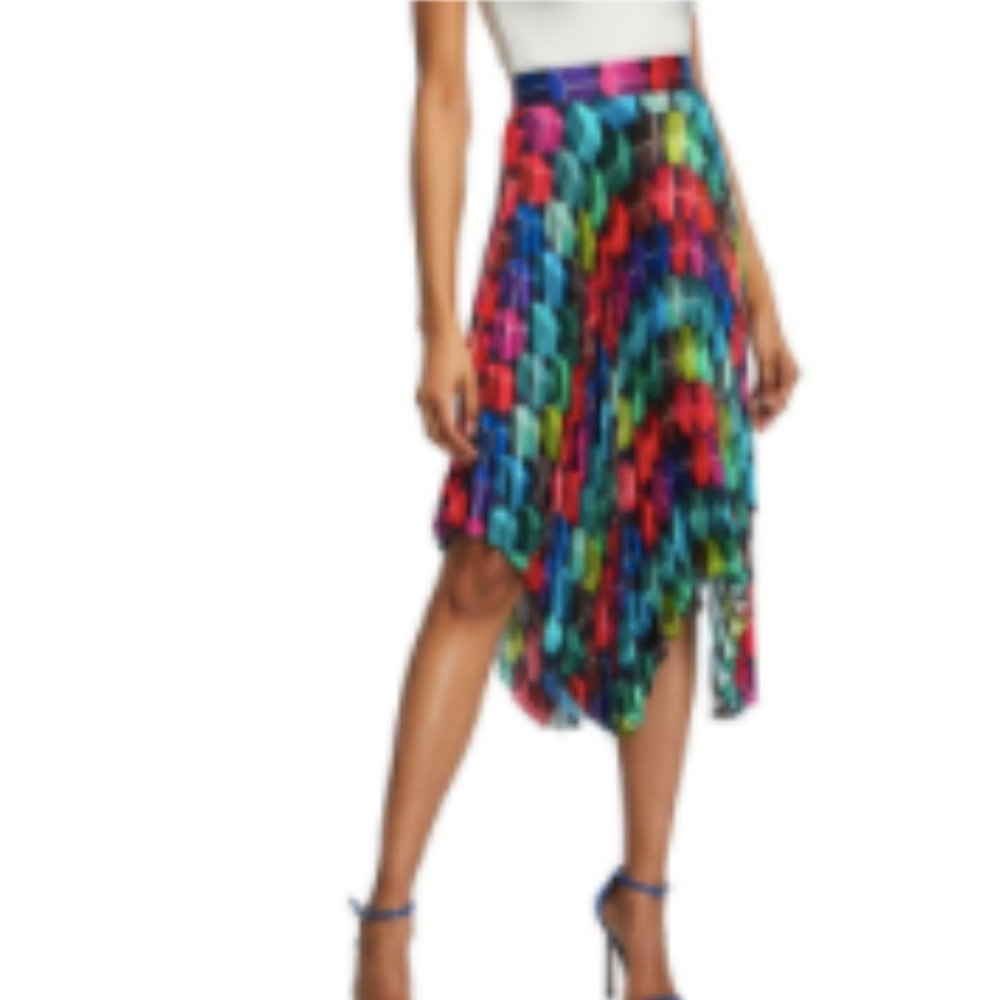 Milly Cube-Print Pleated Hadnkerschief Hem Midi Sk
